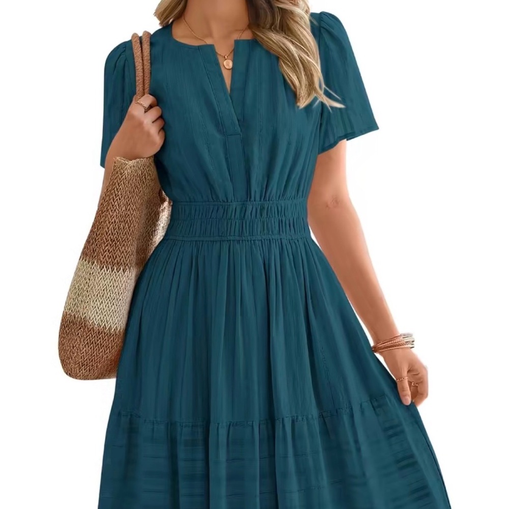 Lake Blue Short-Sleeve Smocked Waist Midi Dress